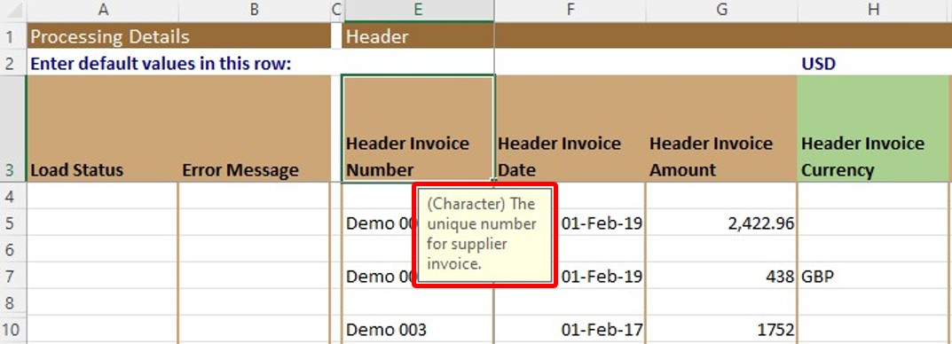 Column Description - Simplified Loader Excel for Oracle Fusion Cloud ERP